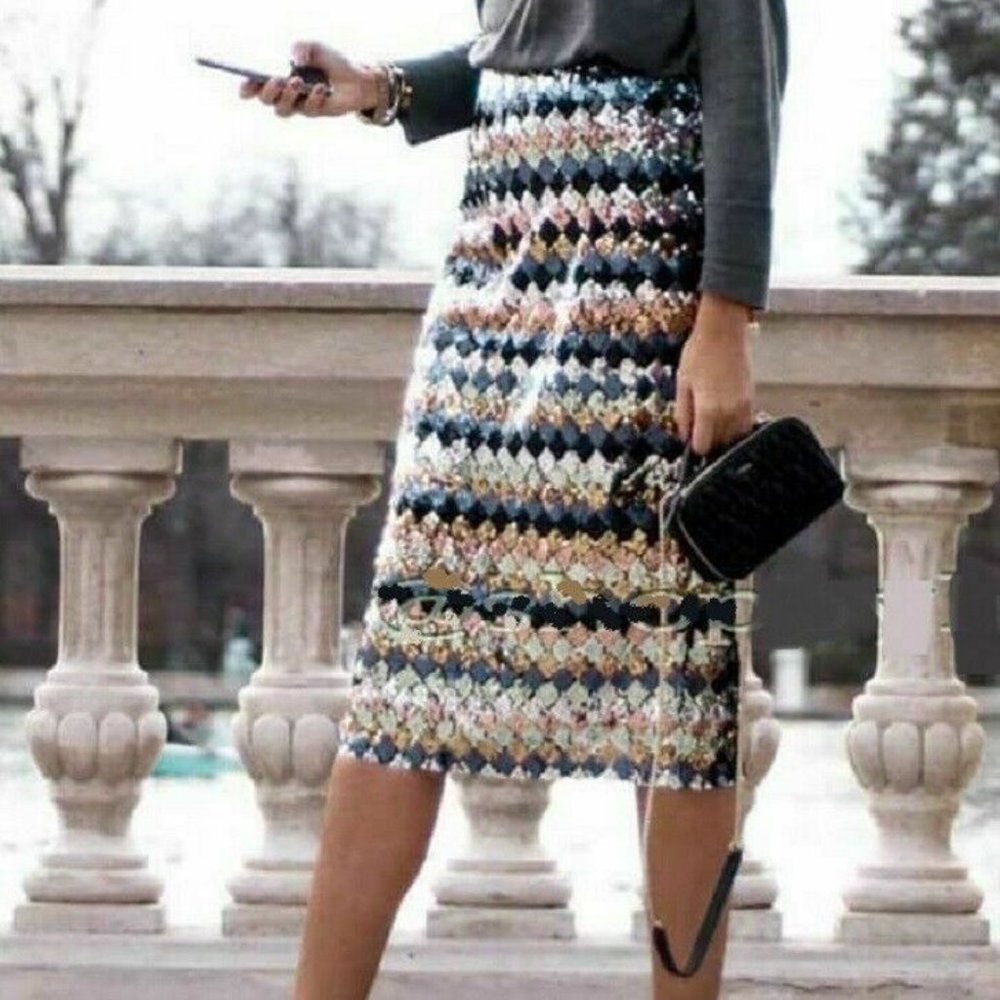 🍍3 For 50🍍Sequin Diamond-Pattern Midi Skirt - Black Multicolor - Picture 3 of 15